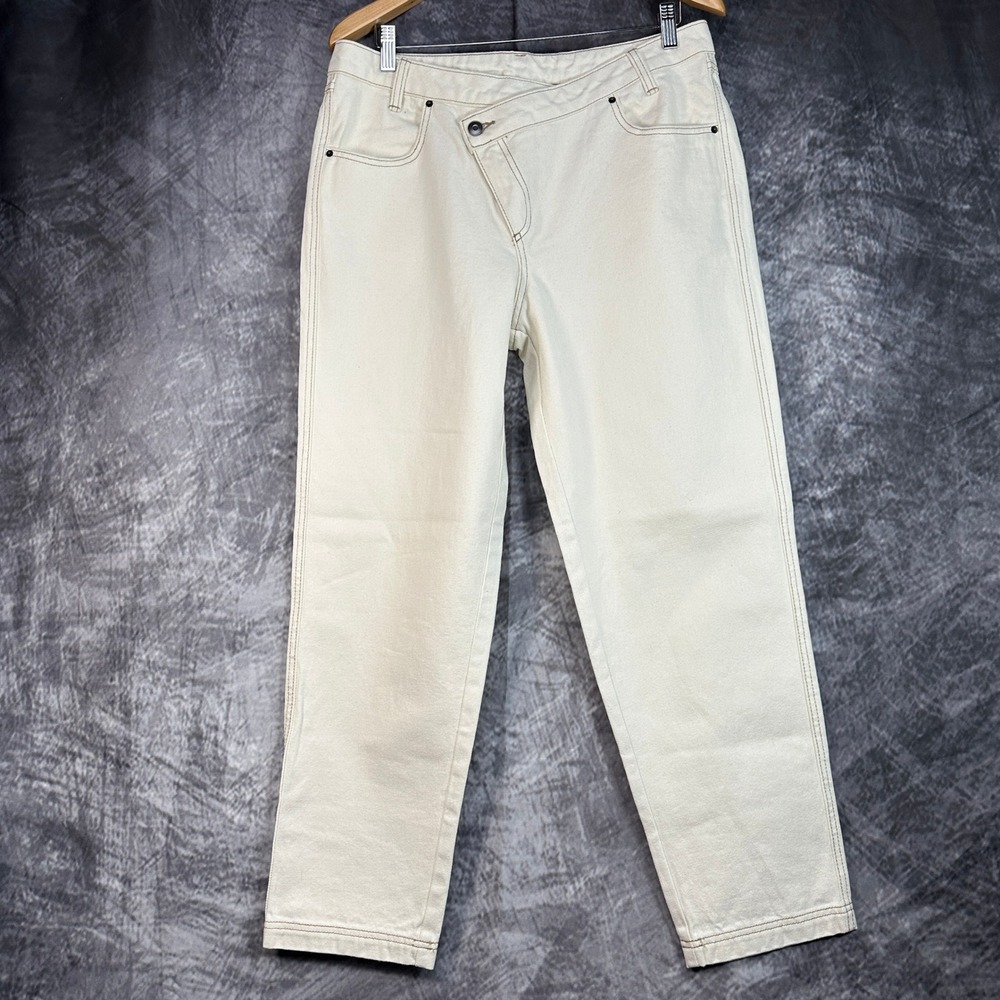 Future Collective Jeans Womens 10 Ivory Asymmetrical Waist Tapered Leg Denim